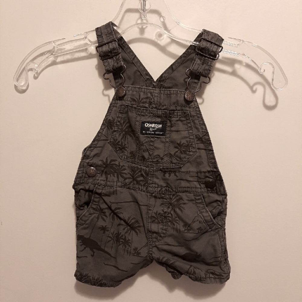 OshKosh B'Gosh 6M Bib Overall Shorts gray Dinosaurs/Palm Trees snap bottom